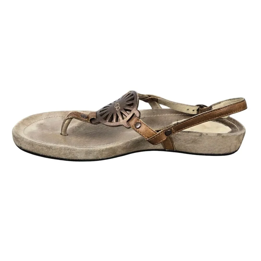 UGG T Strap Medallion Sandals Women's Sz 8 Bronze Brown Ankle Strap Fur Heel